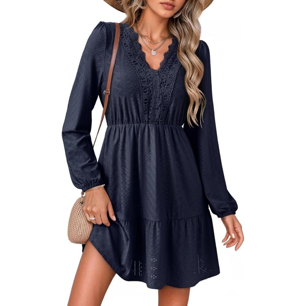 Women’s Spring Lace Dress X-Large V Neck Long Sleeve Casual A-Line Mini